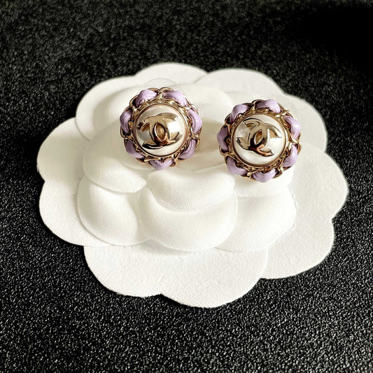 CC Pendant Double C Purple Pearl Gold Earrings