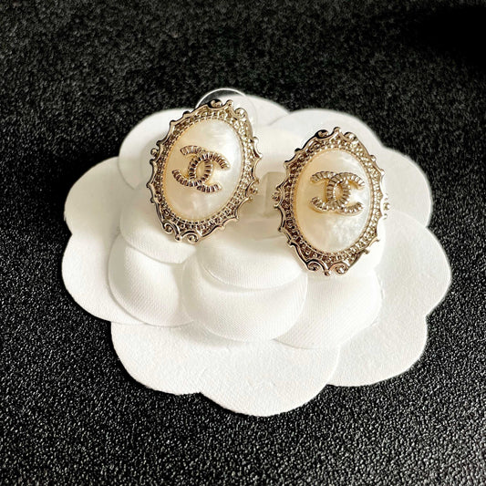 CC Double C White Pearl Gold Earrings
