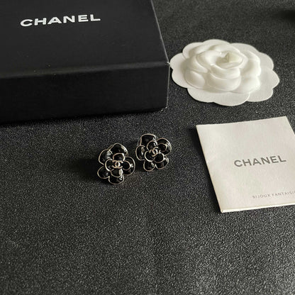 CC Camellia Double C Black Gold Earrings