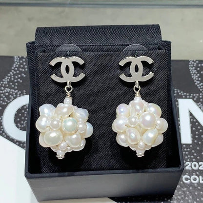 Chanel 2026 Silver Double C Pearl White Flower Earrings