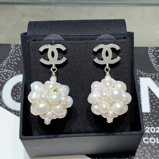 Chanel 2026 Silver Double C Pearl White Flower Earrings