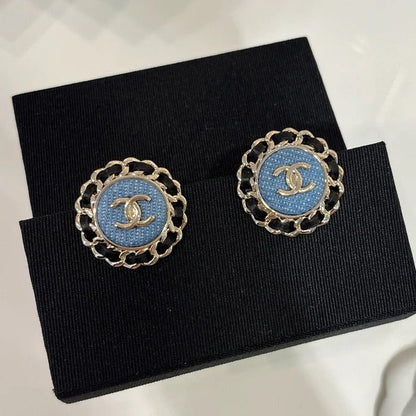 Chanel Gold Double C Leather-Threaded Chain Denim Round Stud Earrings