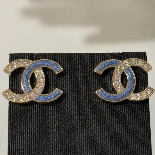Chanel 2026 Light Gold Denim Patchwork Crystal Double C Stud Earrings