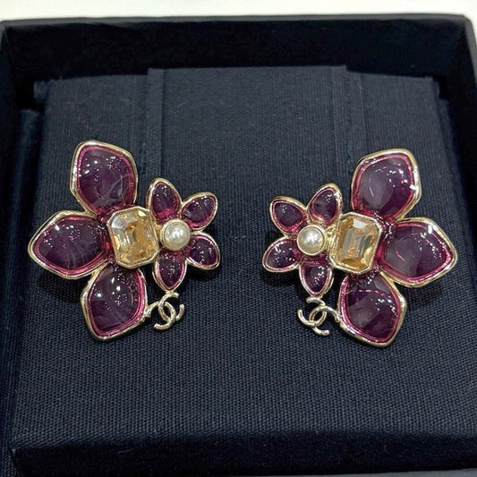 Chanel 2026 Double C Pink Asymmetrical Flower Stud Earrings