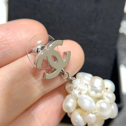 Chanel 2026 Silver Double C Pearl White Flower Earrings