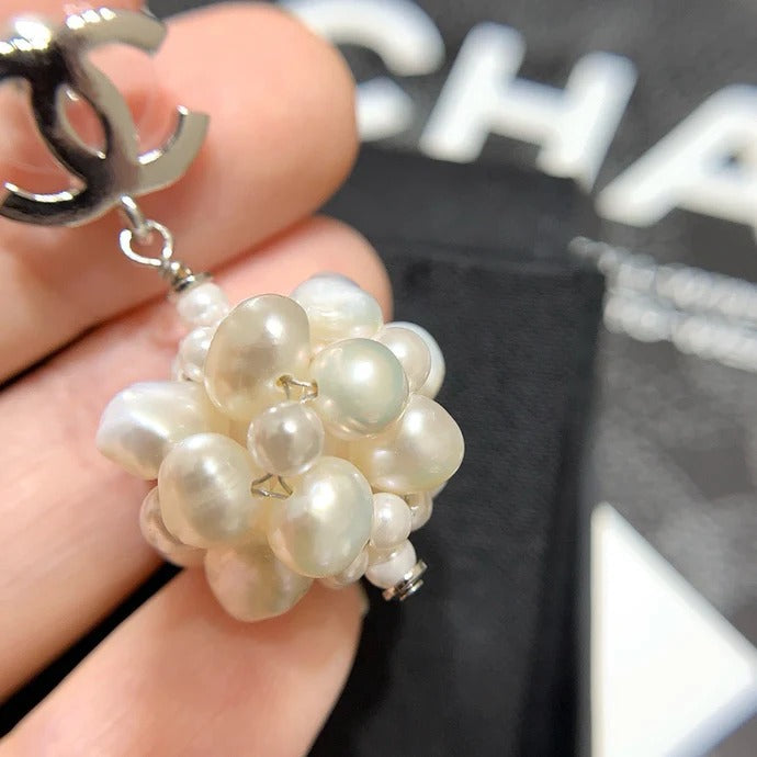 Chanel 2026 Silver Double C Pearl White Flower Earrings