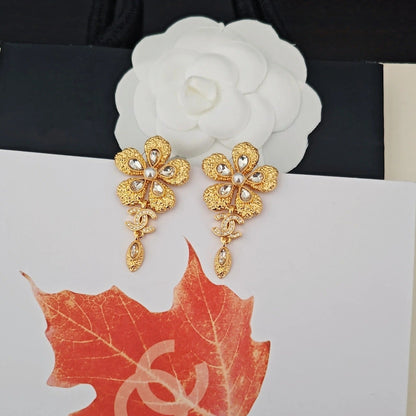 CC Flower Double C Diamond Gold Earrings