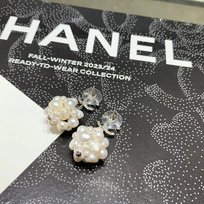 Chanel 2026 Silver Double C Pearl White Flower Earrings