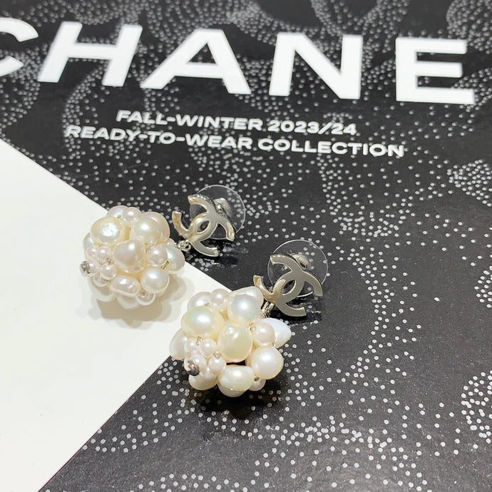 Chanel 2026 Silver Double C Pearl White Flower Earrings