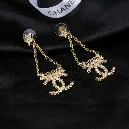 CC Pendant Double C Star Diamond Gold Earrings