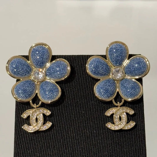 Chanel 2026 Denim Enamel Flower Crystal Light Gold Diamond Earrings