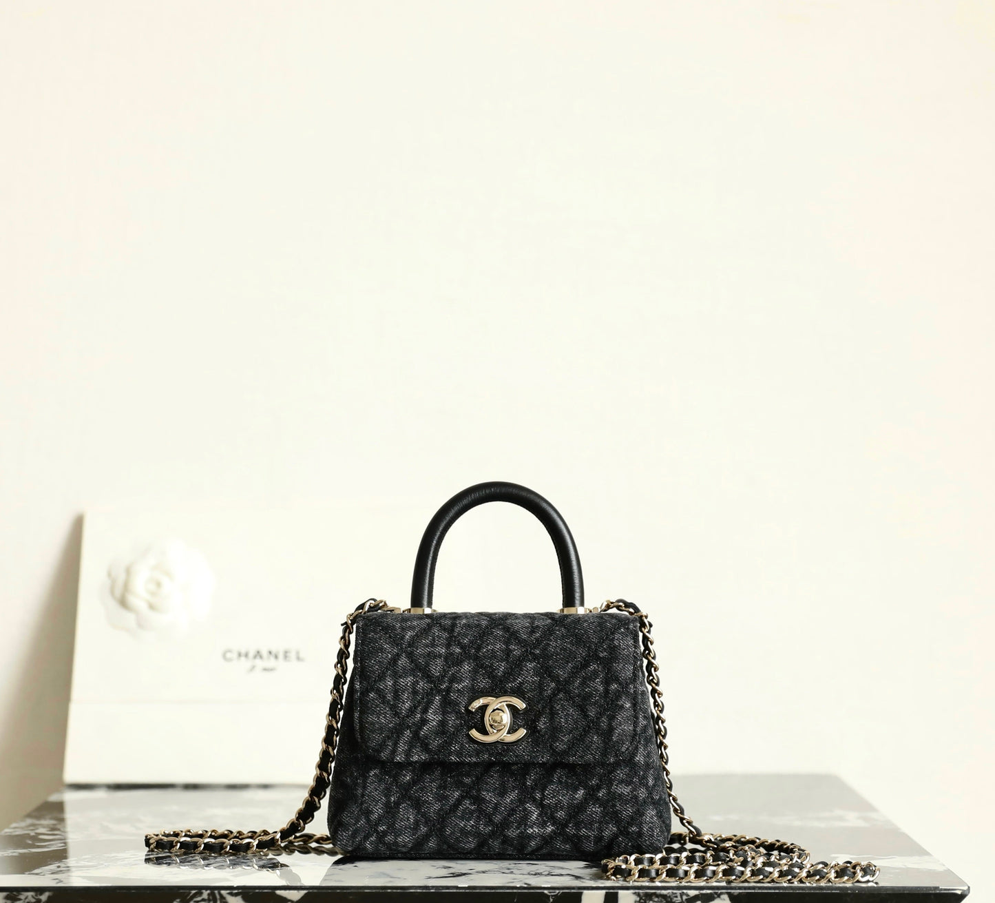Chanel 2026 Coco Top Handle Bag 14.5cm Black Denim Leather 352687