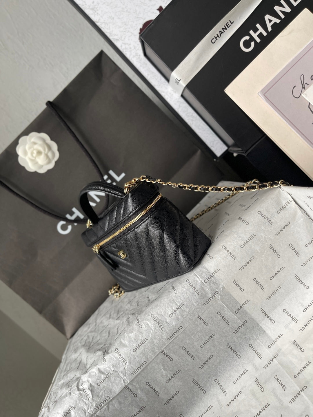 Chanel 2026 V-Shaped Quilted Chain Bag 19.5cm Black Caviar Leather
