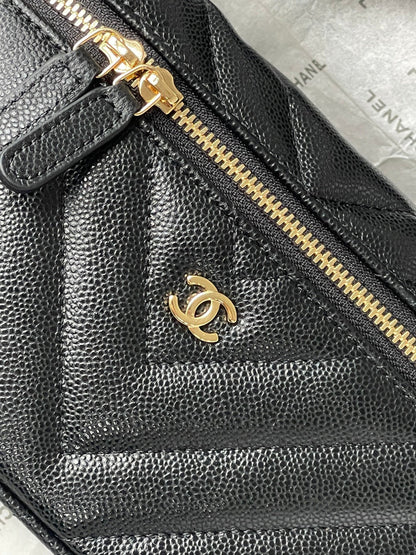 Chanel 2026 V-Shaped Quilted Chain Bag 19.5cm Black Caviar Leather
