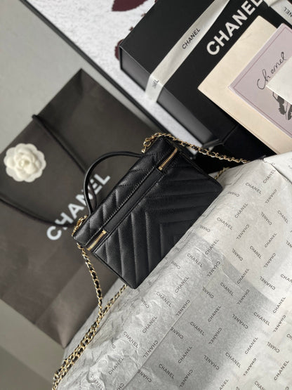 Chanel 2026 V-Shaped Quilted Chain Bag 19.5cm Black Caviar Leather