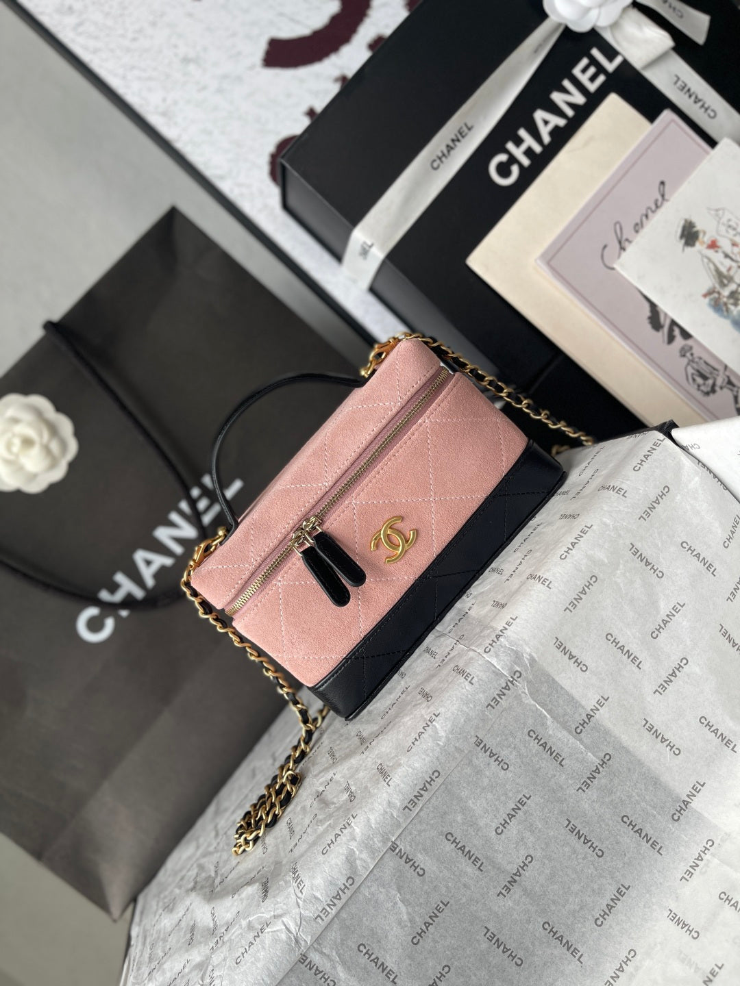 Chanel 2026 Vanity Bag 19.5cm Pink mix Black Suede Leather