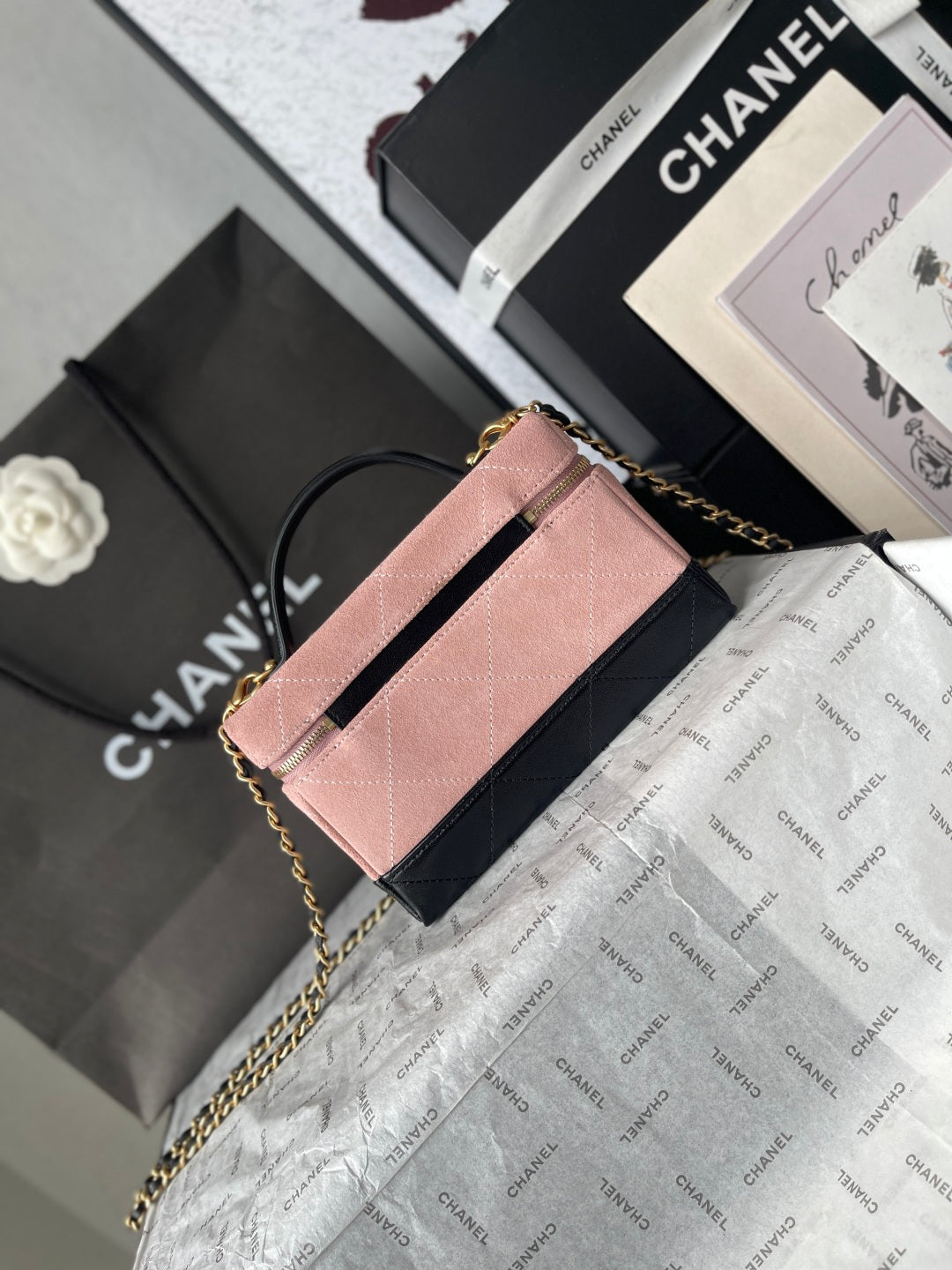 Chanel 2026 Vanity Bag 19.5cm Pink mix Black Suede Leather