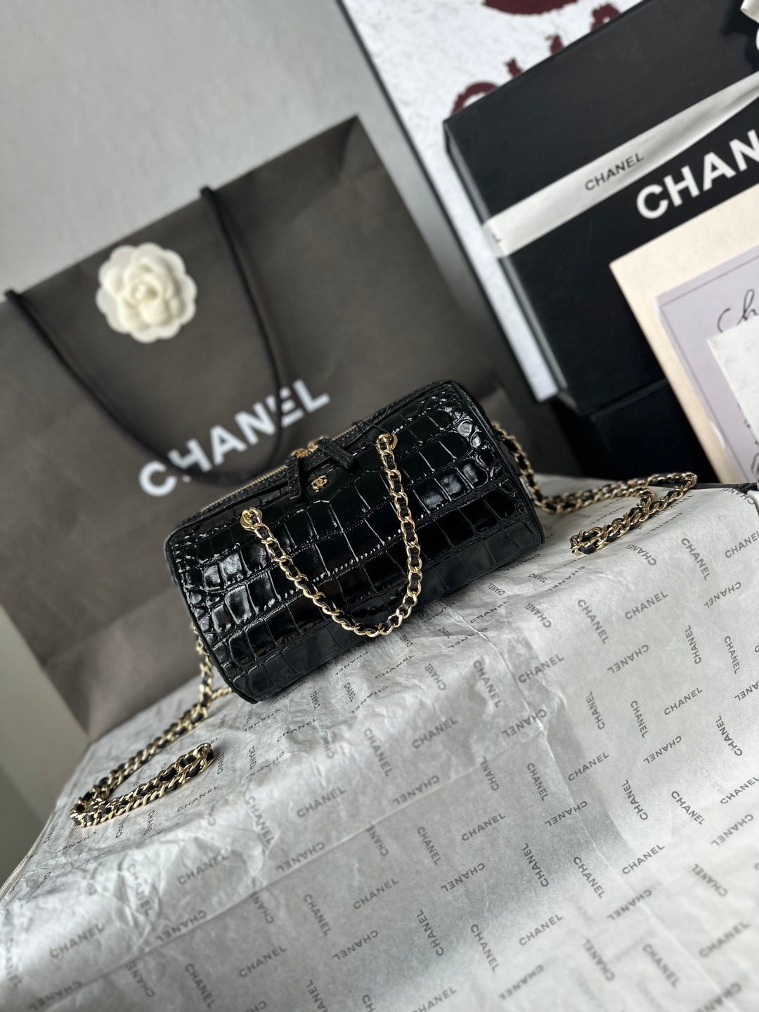 Chanel 2026 Crocodile Embossed Bowling Bag 18.5cm Leather
