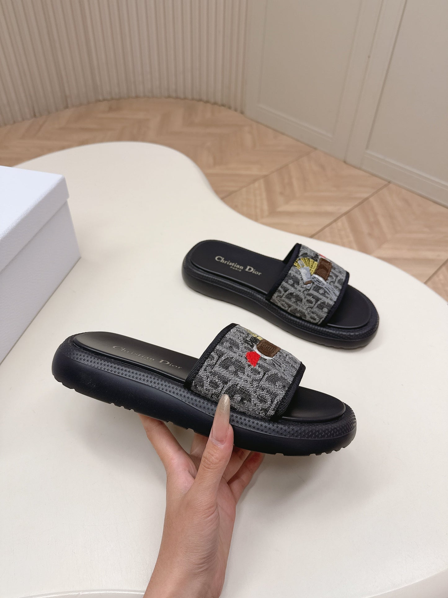 CD 26s  Slippers Black Canvas Lambskin 643802