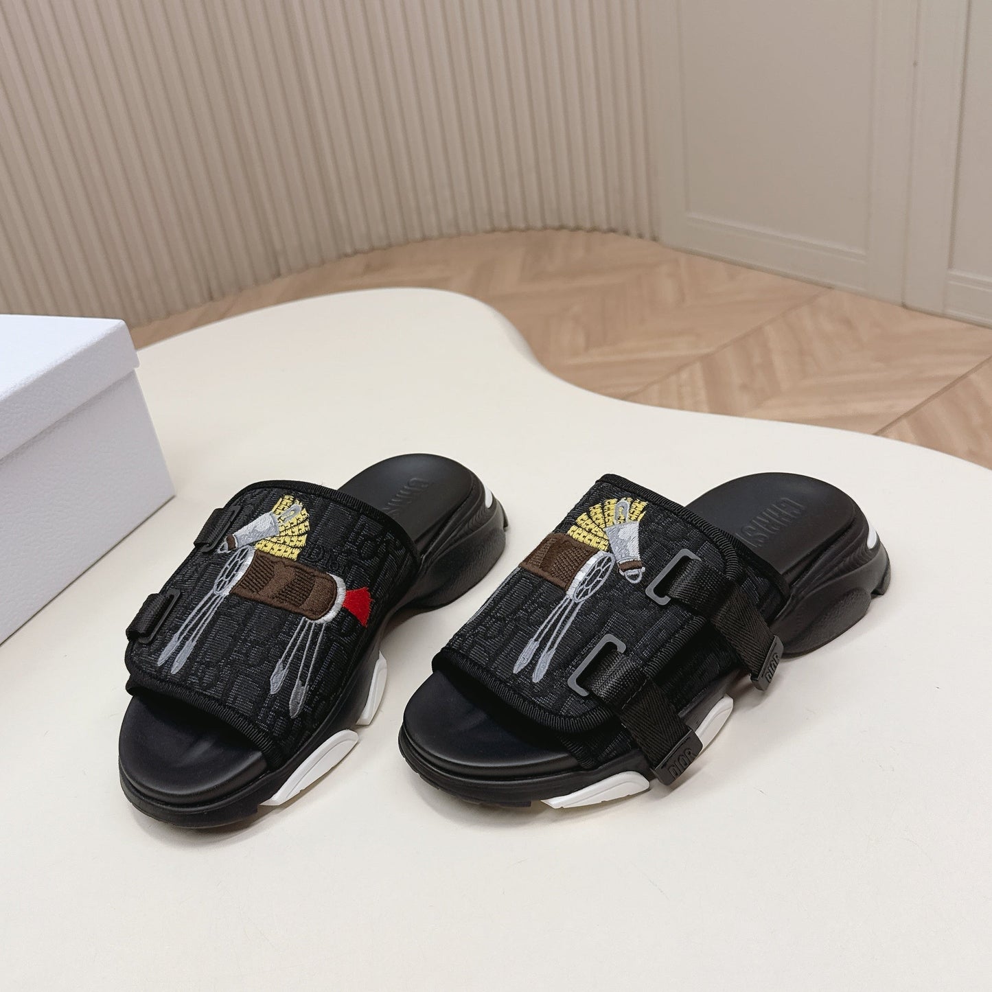 CD 26s  Platform Slippers 35 Black Canvas Lambskin 643808