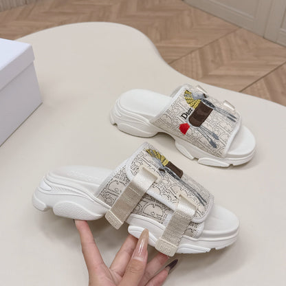 CD 26s  Platform Slippers 35 Cream White Canvas Lambskin 643810