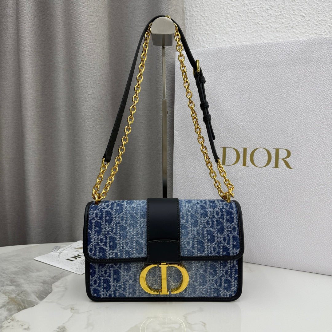 Dior 2026 East-West Chain Handbag 25cm Blue Black Demin Calfskin