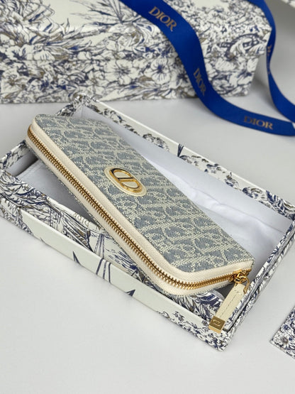 Dior 2026 Montaigne Voyageur Slim Wallet 20cm Blue Demin Fabric