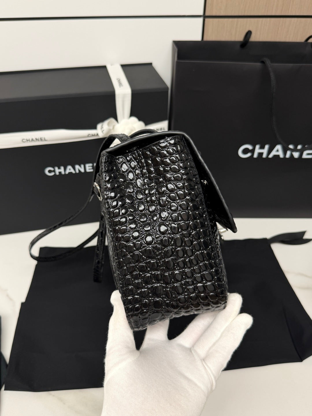 Chanel 2026 Crocodile-embossed Bag 32cm Black Leather Silver Hardware