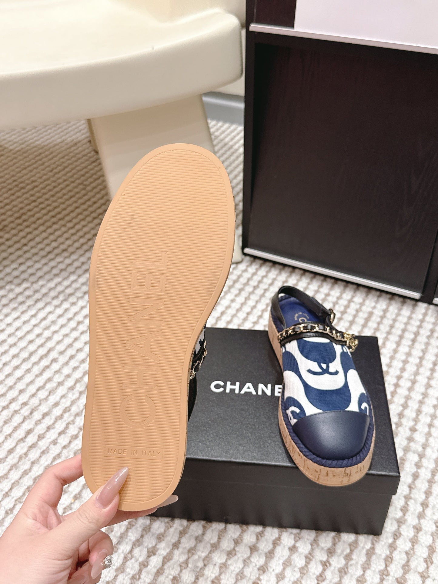 CC 26s Rope-Soled Sandals Navy Blue White Canvas Leather 652563