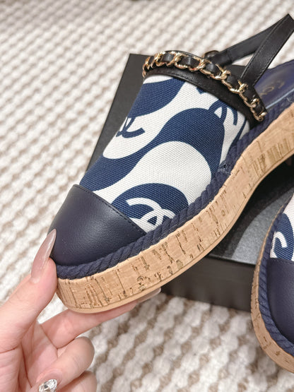 CC 26s Rope-Soled Sandals Navy Blue White Canvas Leather 652563