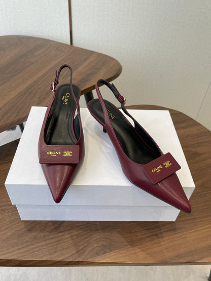 Celine 26  Pointed-Toe Slingback Burgundy Sheepskin 624683