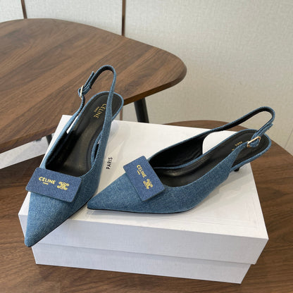Celine 26  Pointed-Toe Slingback Blue Denim 624685