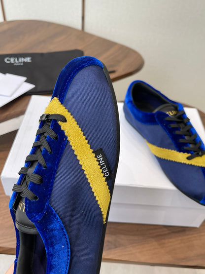 Celine 26 Flat Sneaker Dark Blue Yellow Canvas Suede 624713