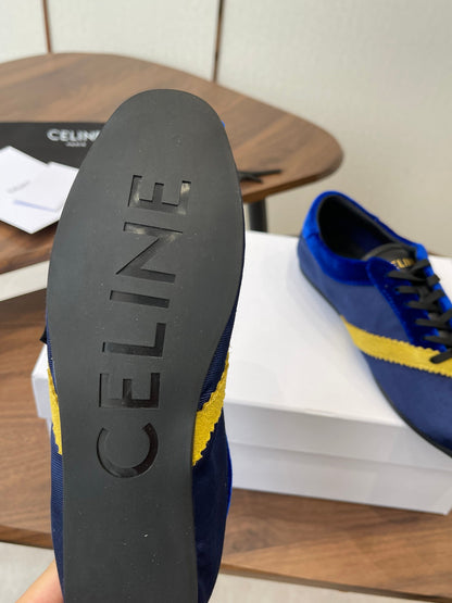Celine 26 Flat Sneaker Dark Blue Yellow Canvas Suede 624713