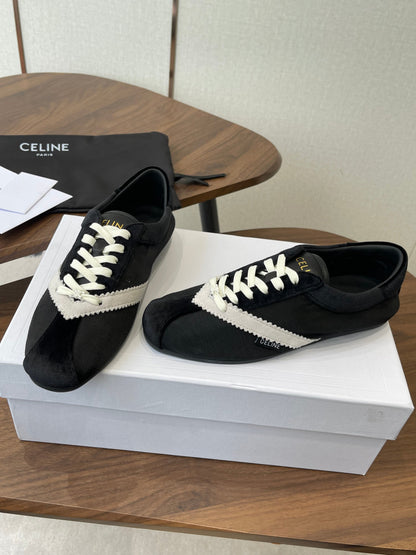 Celine 26 Flat Sneaker Black White Canvas Suede 624714