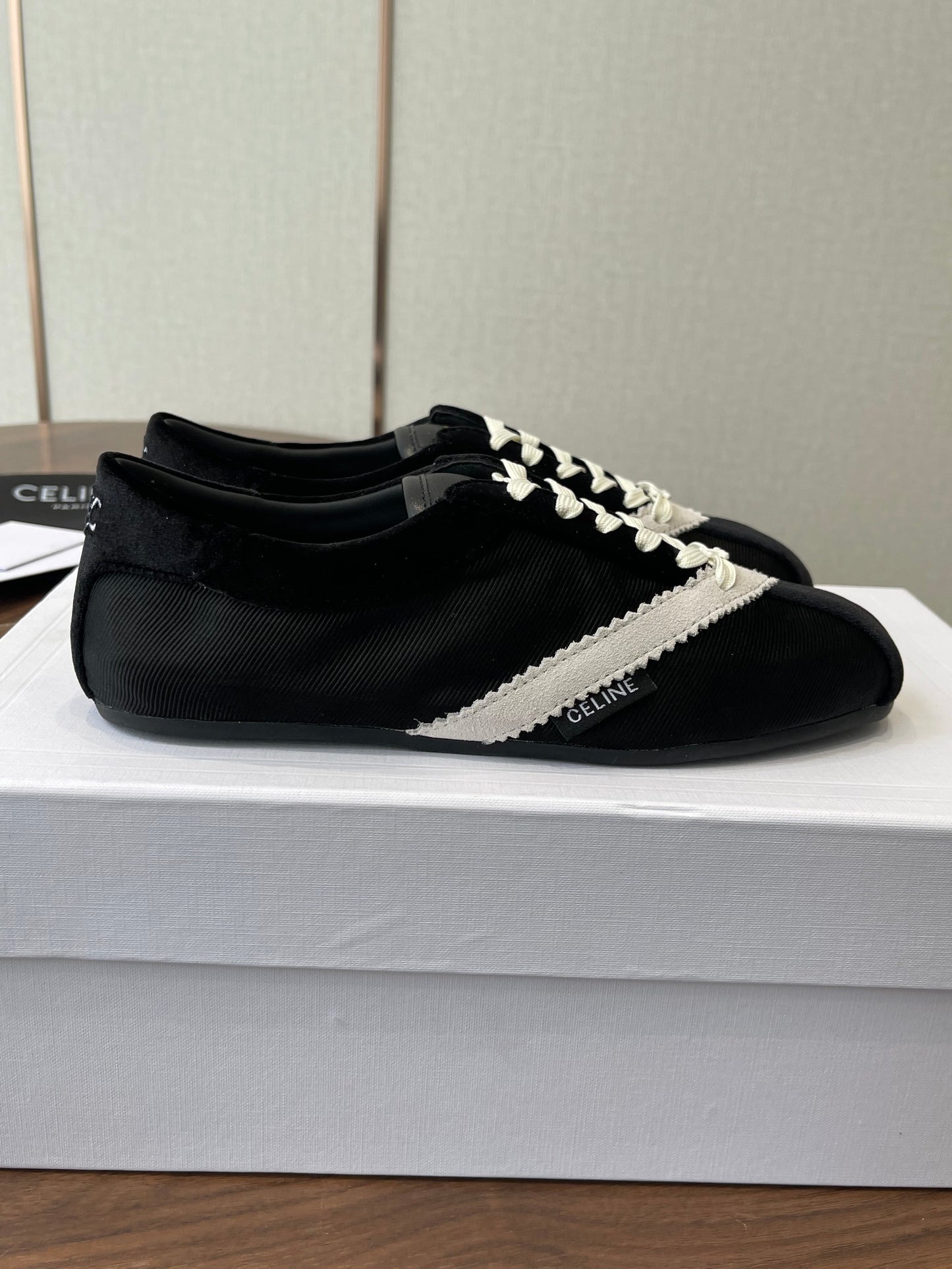 Celine 26 Flat Sneaker Black White Canvas Suede 624714