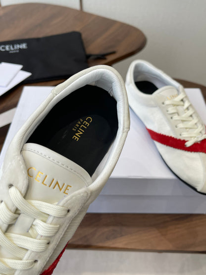 Celine 26 Flat Sneaker White Red Canvas Suede 624716