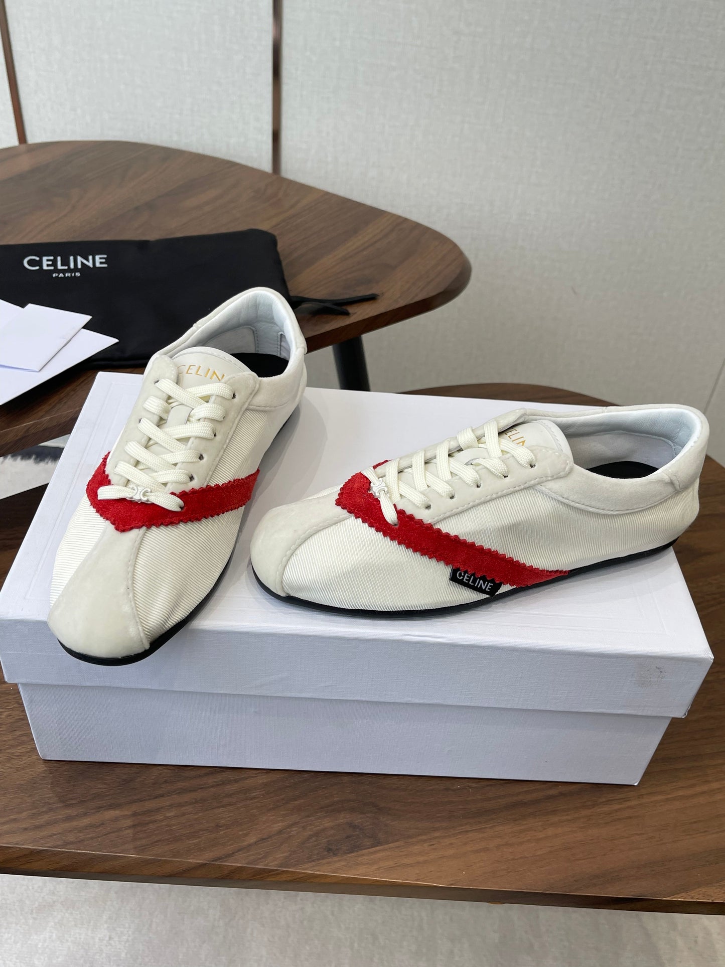 Celine 26 Flat Sneaker White Red Canvas Suede 624716