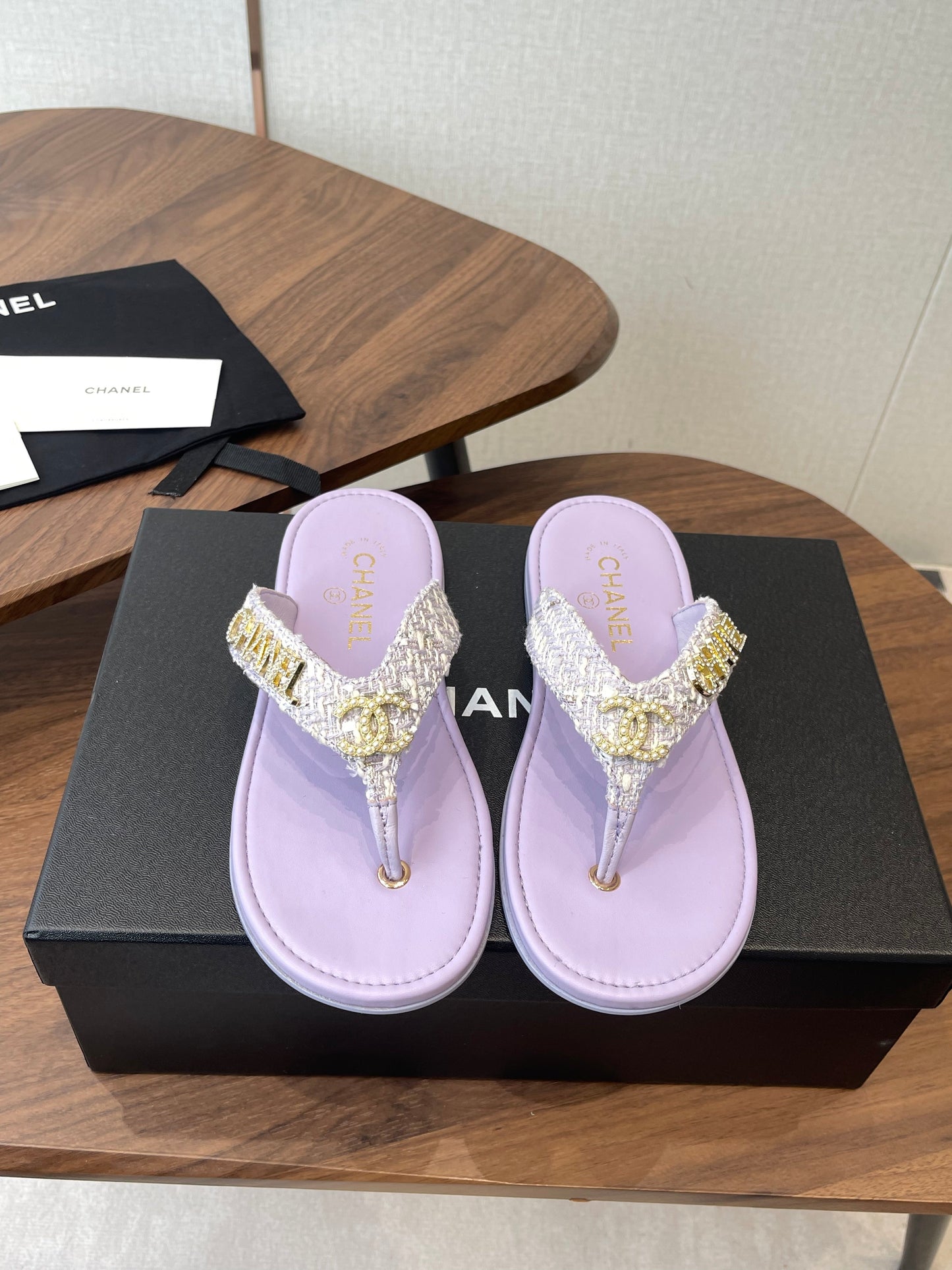 Chanel 2026 Thong Sandal Tweed Gold Logo Details 790366