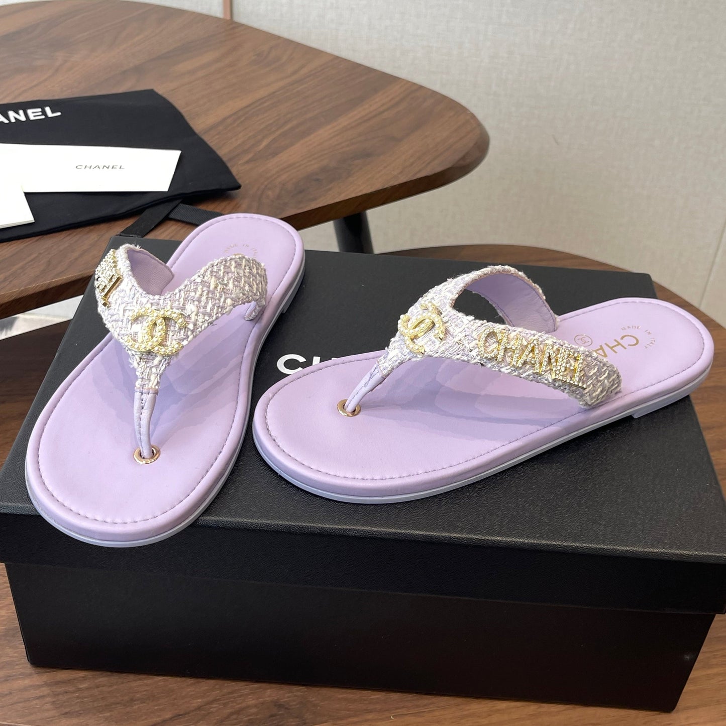 Chanel 2026 Thong Sandal Tweed Gold Logo Details 790366