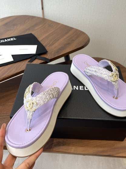 Chanel 2026 Thong Sandal Platform Tweed Gold Logo Details 790372
