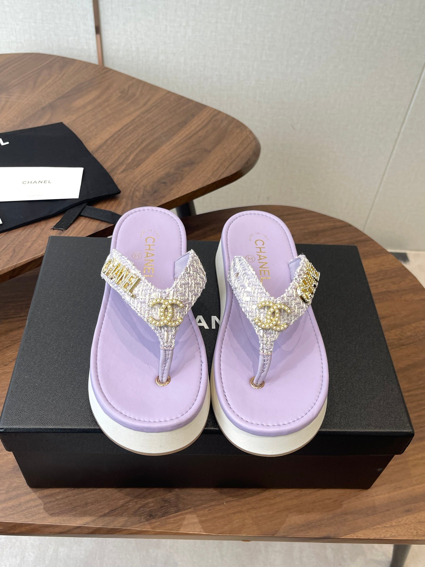 Chanel 2026 Thong Sandal Platform Tweed Gold Logo Details 790372