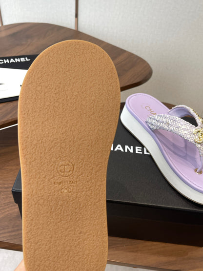 Chanel 2026 Thong Sandal Platform Tweed Gold Logo Details 790372