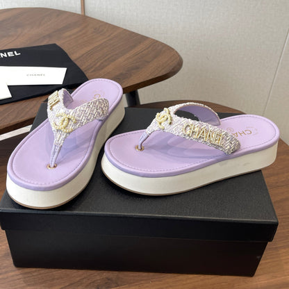 Chanel 2026 Thong Sandal Platform Tweed Gold Logo Details 790372