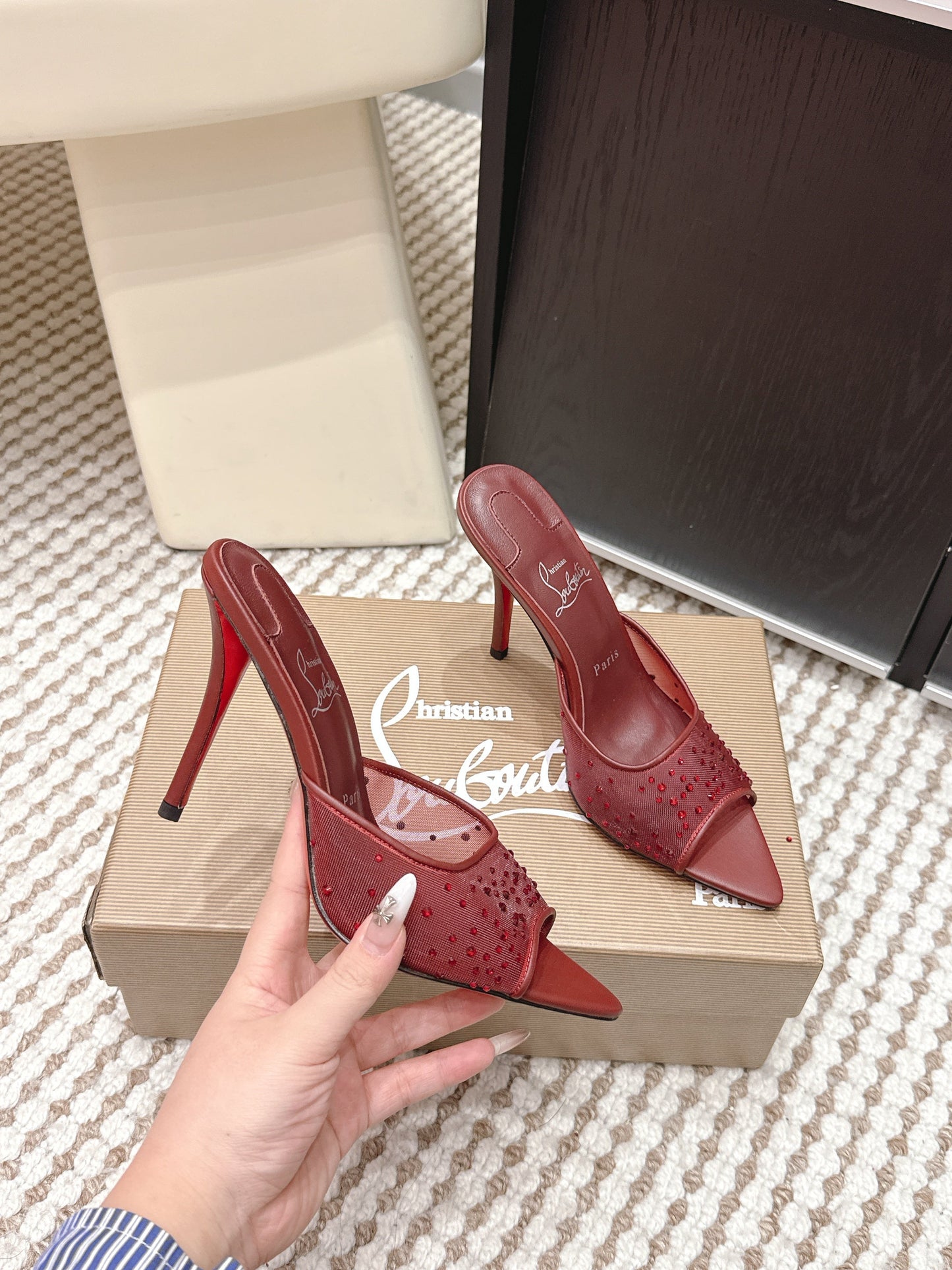 CL 26SS High-Heeled Slippers 100 Dark Red Mesh Rhinestone Leather 658051