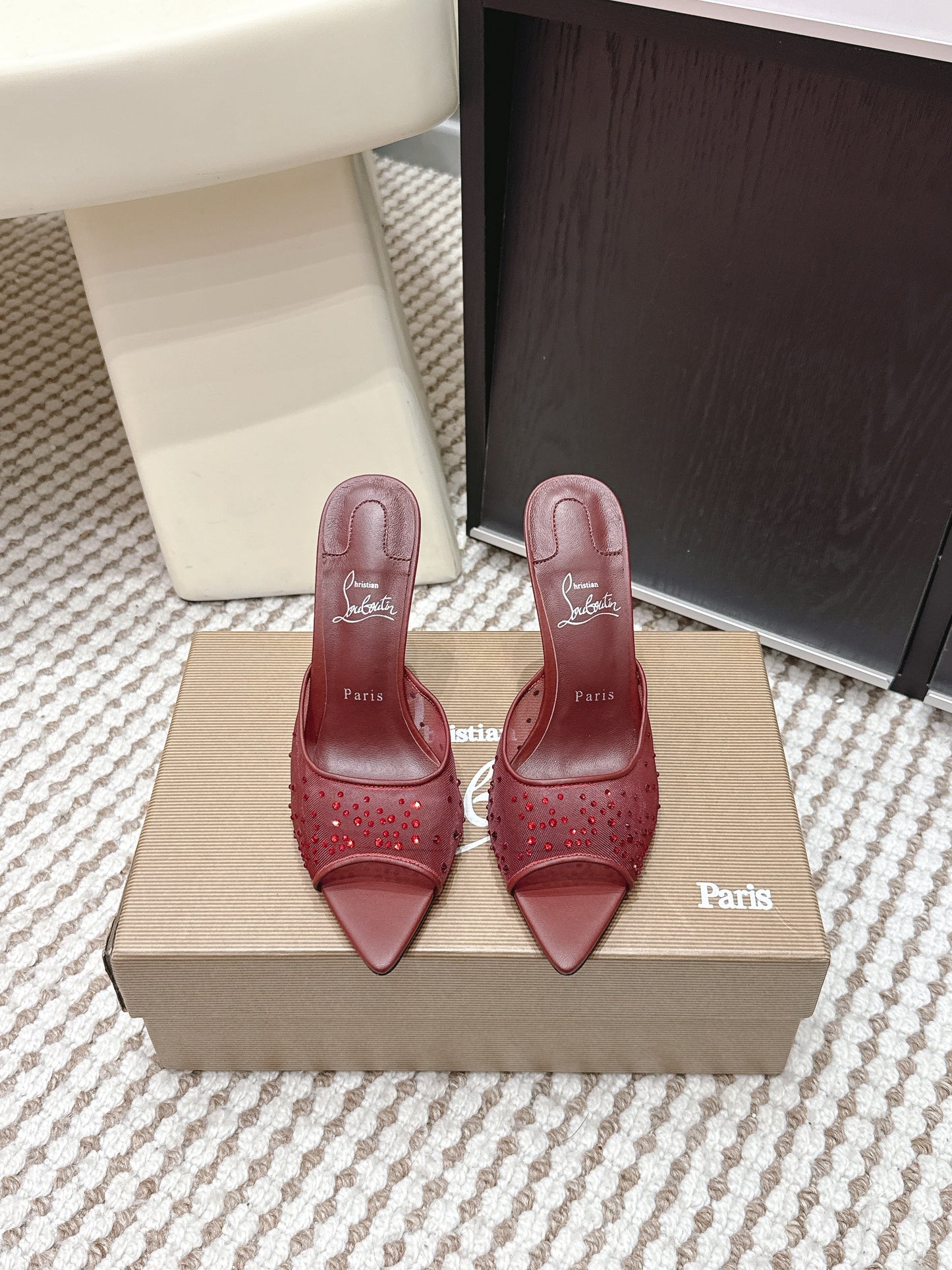 CL 26SS High-Heeled Slippers 100 Dark Red Mesh Rhinestone Leather 658051