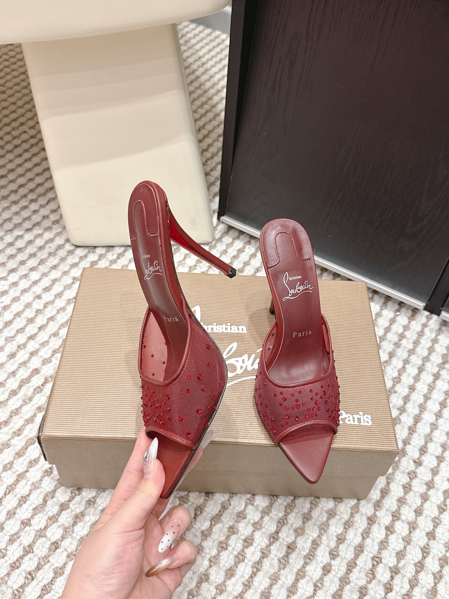CL 26SS High-Heeled Slippers 100 Dark Red Mesh Rhinestone Leather 658051