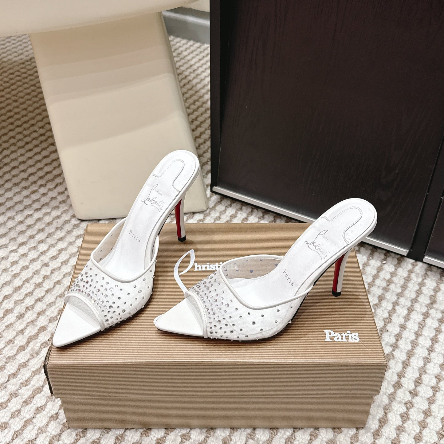 CL 26SS High-Heeled Slippers 100 White Mesh Rhinestone Leather 658052