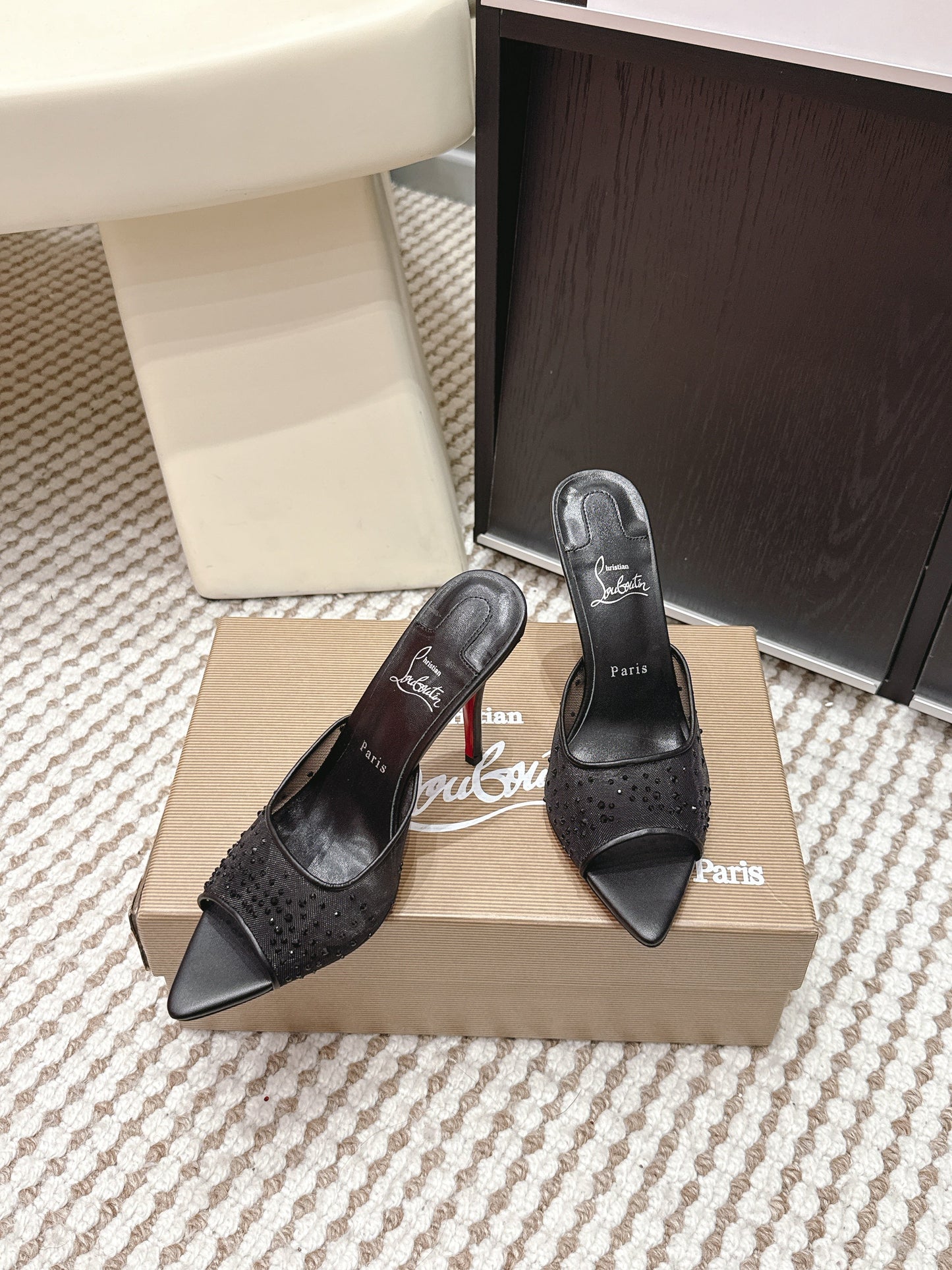 CL 26SS High-Heeled Slippers 100 Black Mesh Rhinestone Leather 658054