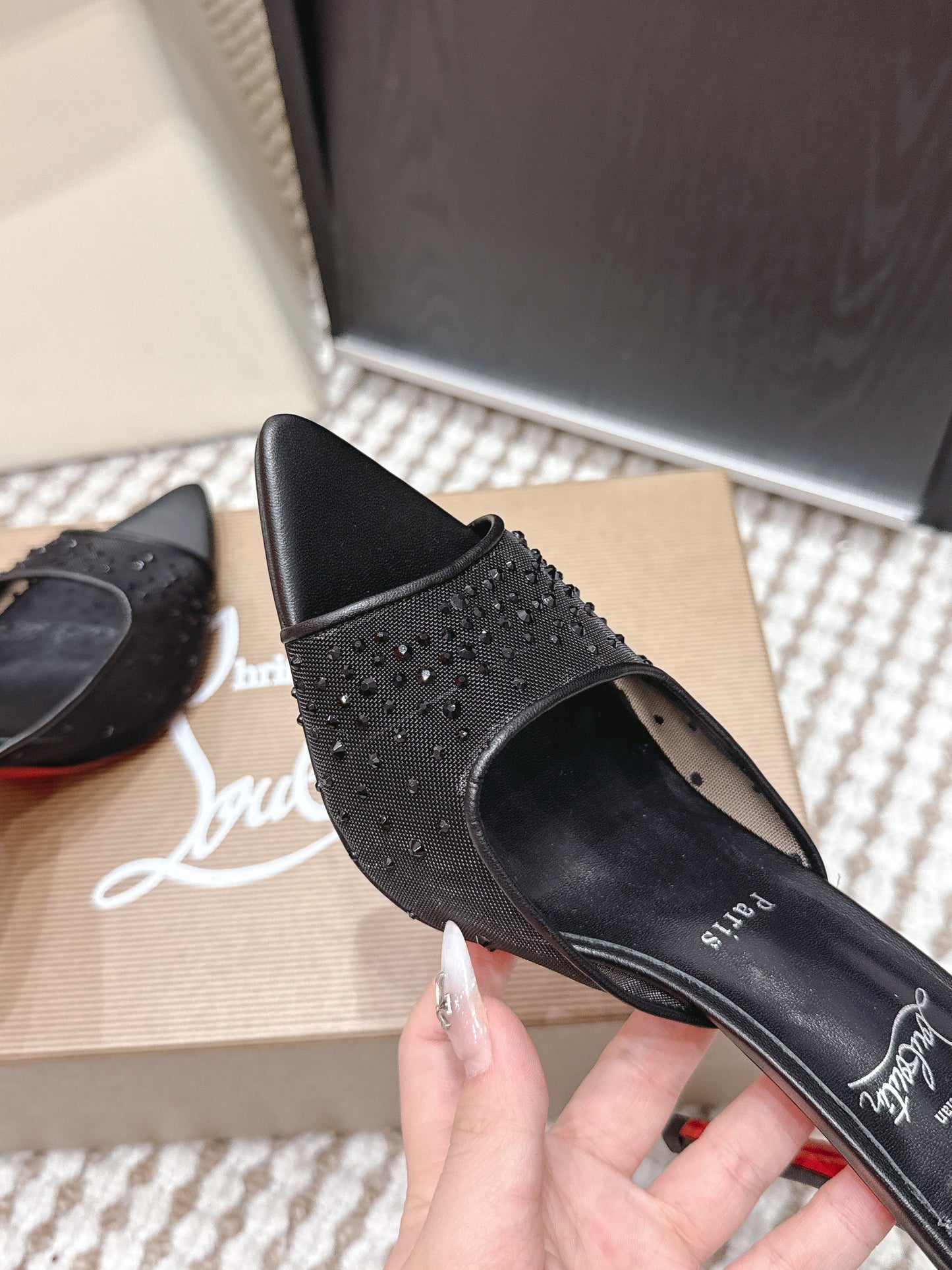 CL 26SS High-Heeled Slippers 100 Black Mesh Rhinestone Leather 658054